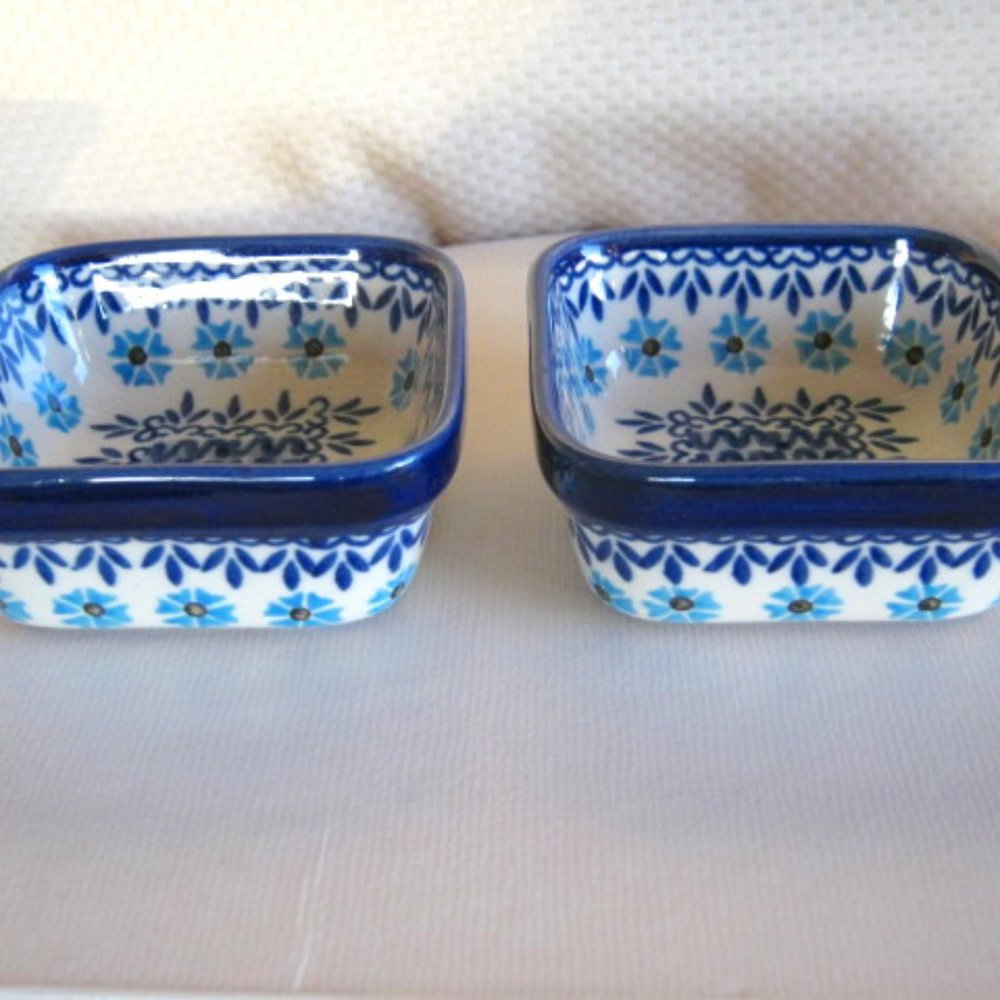 Handmade Polish Pottery Set of 2 Small Square Dishes New w/ Tags Blue Pattern